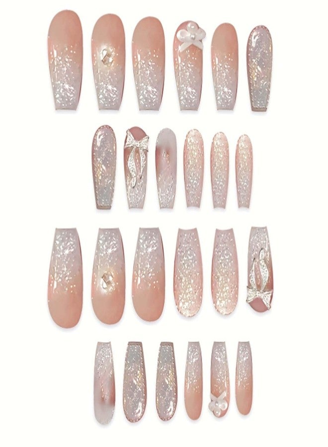 YoYoee Long Coffin Press on Nails Gradient Fake Nails Acrylic Glitter Pearls False Nails Bow Tie Full Cover Nails Tips for Women and Girls 24Pcs - Image 5